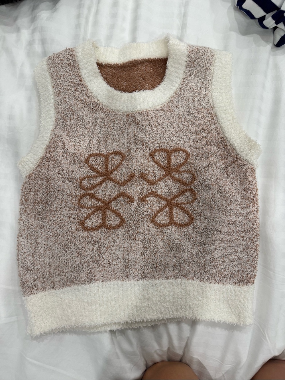 Cream & Brown Knit Sleeveless V-Neck Sweater Vest